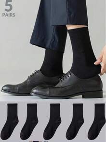 5 双男士中筒黑色运动休闲袜，秋季 - 黑色 - 查看 5
