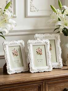 1pc White Rose Embossed Photo Frame, Resin European 3D Classical Floral Design, Gold Trim Decorative Frame Ornament, Warm Home Desktop Decor, Horizontal & Vertical Use, Suitable For Bedroom, Study, Office Desk Decoration - 1PC - View 1