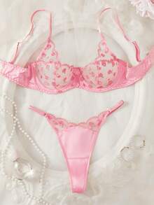 Fashionable French Style Pink Ladies Bra Set, Sweet Mesh Embroidery Sexy Lingerie, Sheer Exotic Inspired Women's Intimate Apparel - Pink - View 3