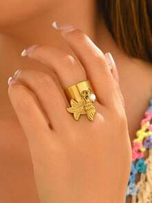 1pc Stainless Steel Starfish & Shell Open Ring, Fashion Gold Ocean Turtle Pearl Pendant Round Ring, Jewelry Gift For Women - Ocean Ring - View 4