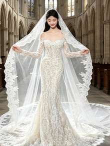 2026 Long Lace Veil, 1 Piece With 3-Meter Eyelash Lace Train, Built-In Metal Hair Comb, Suitable For Church And Cathedral Weddings, Bohemian Style. - Beige - View 13