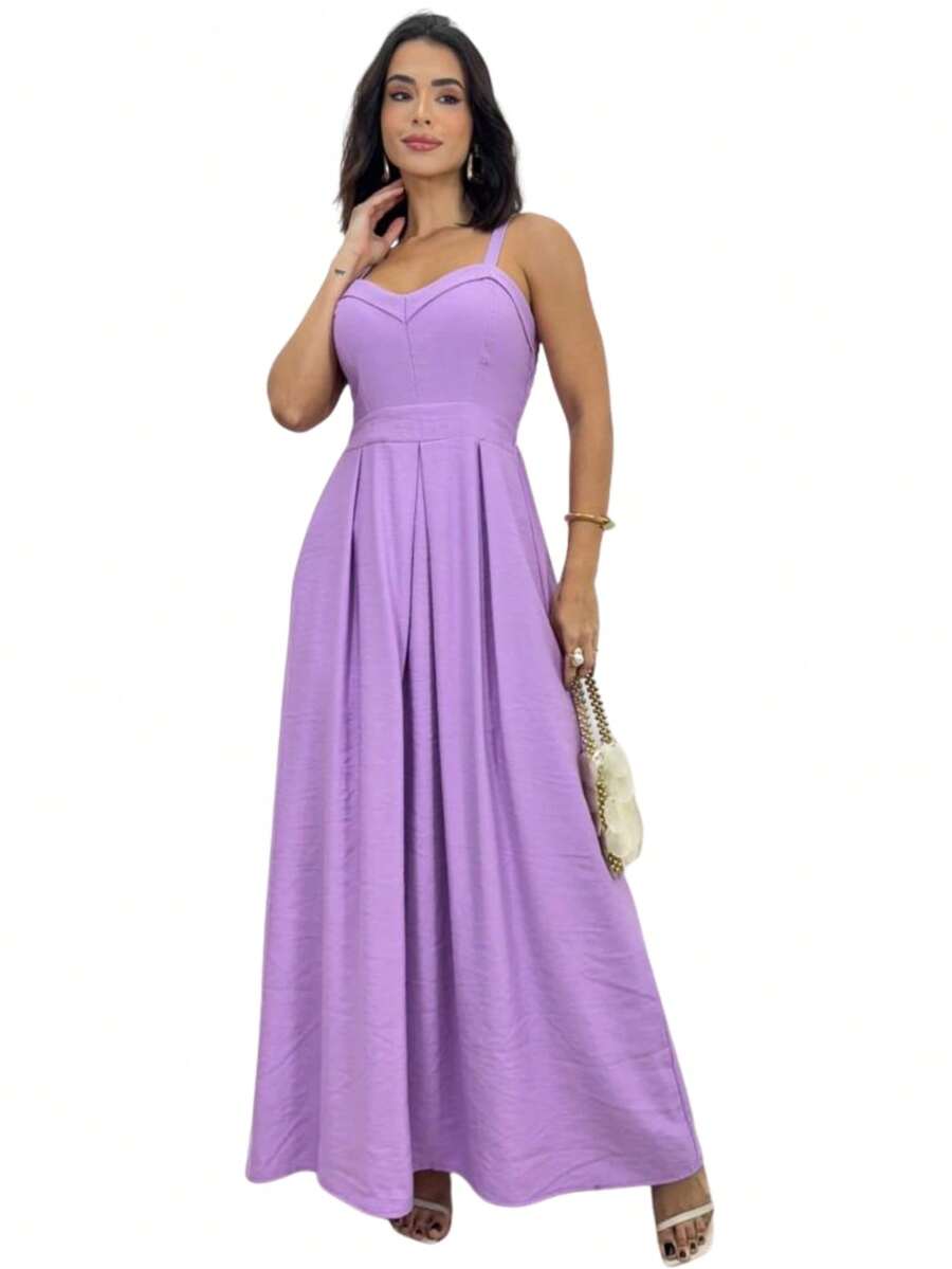 Long Dress With Adjustable Straps Lastex Waisted Fits 36 To 44 Women's Elastex Dress With Adjustable Back From 36 To 44 Comfortable Elastex Waisted Dress With Adjustable Straps - 紫色 - 查看 1