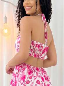 Women's Short Boho Dress With Halter Neckline, Open Back And A-Line Silhouette, Sleeveless, Knot Detail And Floral Print For Summer. - 粉紅色(新) - 查看 4