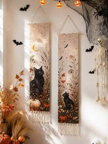 1pc/2pcs Vintage Black Cat Pumpkin Moon Bat Tassel Hanging Banner, Retro Halloween Vertical Tapestry, Spooky Farmhouse Style Autumn Wall Decor, Gothic Wildflower Scroll, Indoor Fireplace Porch Window Halloween Trick Or Treat Holiday Home Background Decoration Gift - Multicolor - View 1