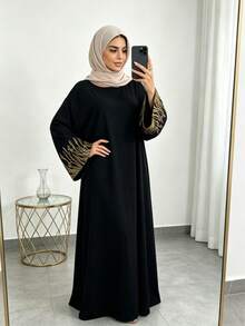 1pc Solid Color Elegant Embroidered Wheat Ear Traditional Muslim Dress, Suitable For Friends Gathering, Family Dinner, Versatile - Multicolor - View 3