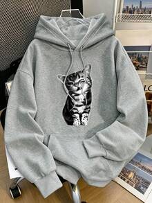 Plus Size Women's Casual Pixel Cat Print Sweatshirt, With Pockets, American Street Style, Autumn/Winter Sweatshirt - Light Grey - View 1