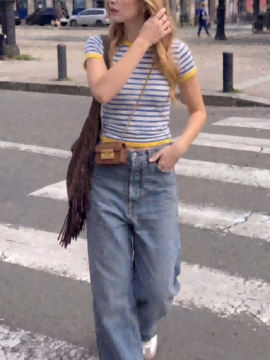 女款藍色條紋撞色短版上衣,Y2K亮色短袖修身T恤,適合夏季海灘派對節慶休閒白色 - 白色 - 查看 1