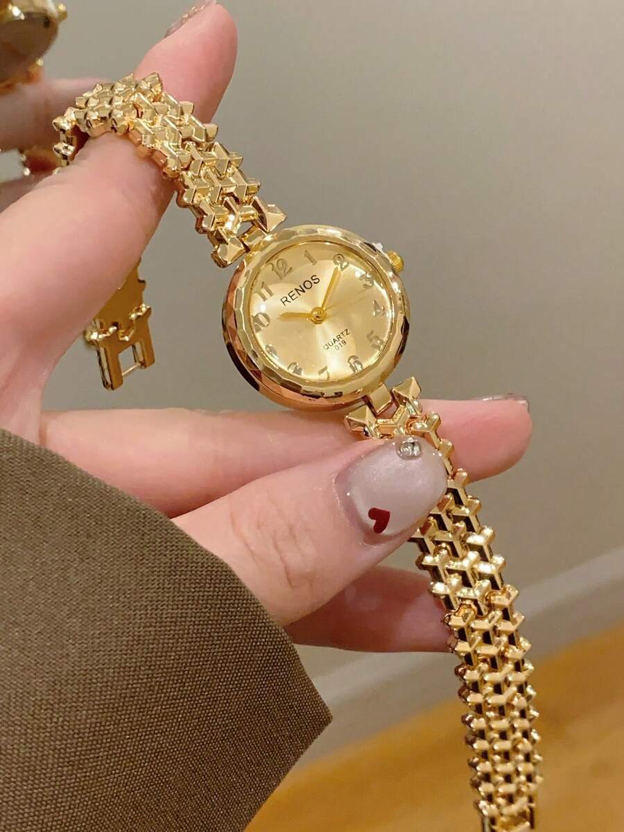 1件女款圓盤石英手錶,阿拉伯數字刻度,精緻時尚,適合日常佩戴,可用作禮物或休閒聚會 - 金色 - 查看 1