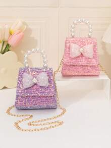 Sequin Plaid Bow Mini Handbag With Pearl Handle And Chain Strap, Sweet Elegant Small Square Crossbody Bag - Sequined Version - View 2