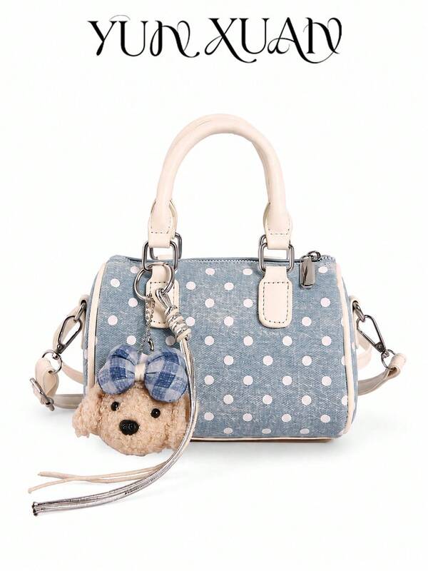 1pc Polka Dot Denim Mini Boston Handbag, Cream White Top Handle Crossbody Bag With Plush Teddy Bear Pendant, Detachable Adjustable Shoulder Strap, Cute Compact Shoulder Bag For Girls' Daily Street Wear