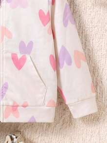 Young Girls Casual Sweet Versatile Cute Heart Print Stand Collar Long Sleeve Diagonal Pocket Zipper Jacket Top Autumn/Winter - Pink - View 6