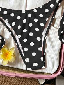 2pcs Polka Dot Elegant Halter Neck Back Tie Open Back Bikini Top With Side Tie Bikini Bottoms, Beach Pool Water Sports Seaside Women's Summer - Black - View 7