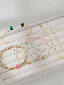 5pcs Exquisite Cross Decor Bracelet & Multi-Layer Bracelet Set, CCB, Colorful Bead Bracelet, Suitable For Women's Daily, Vacation, Party Wear, Friendship Gift - Multicolor - View 6