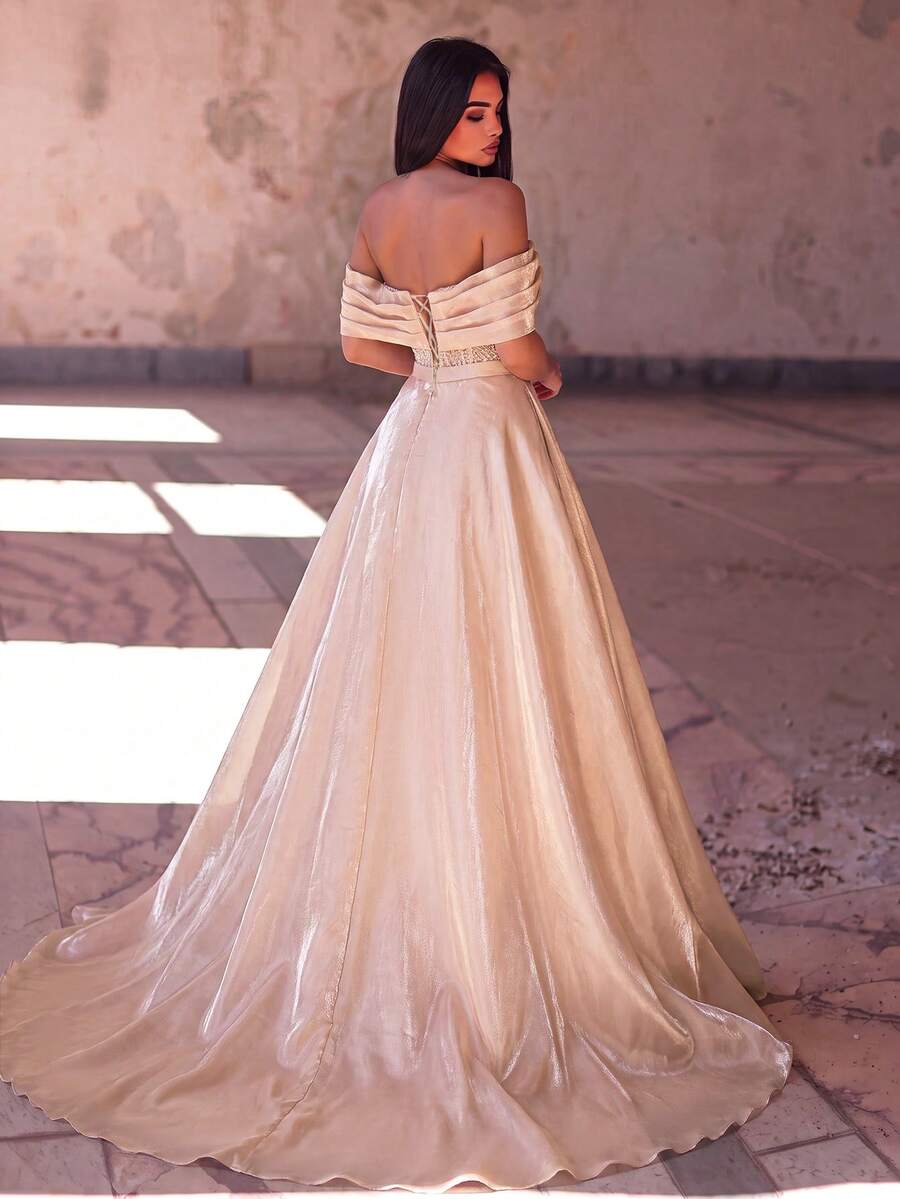 Faeriesty Women's Sparkling Evening Gown, Off-Shoulder Design, Slit Design, Chiffon Sleeve Tassel Design, Slim Fit Formal Dress Party Wedding Fall - Dusty Pink - View 1