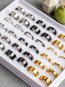 10/20pcs/Lot Classic Fashion Exquisite Stainless Steel Women's Rings, Striped Oil-Drip Style, Random Designs, Casual Party Gift, Daily Wear Jewelry - Mixed-color Polished Stainless Steel Ring - View 4