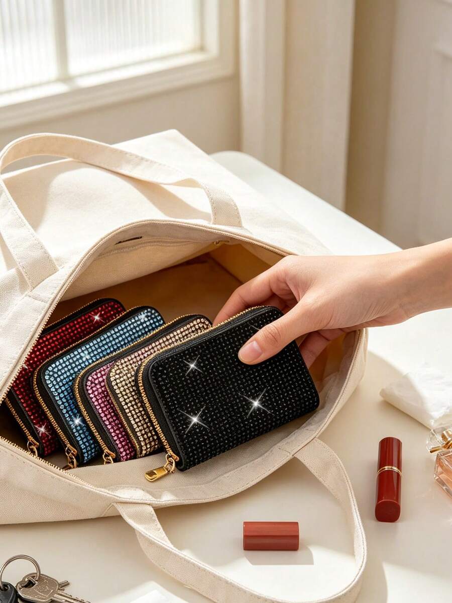 Sparkling Rhinestone Accordion Folding Card Holder, Zipper Closure Credit Card Wallet, Multi-Slot Card Organizer, Fashionable Highly Attractive ID Card Holder; Key Pouch For Daily Carry Items Storage Of Bank Cards, ID Cards, Membership Cards, Access Cards And Business Cards, Keys, Portable Organization, Exquisite And Compact; Widely Suitable For Women, Students, Daily Commute, Back To School, Travel Vacation, Party Wedding, Work And Shopping; Graduation Season Teacher Appreciation Gift, Back To School Welcome Gift, Teacher's Day Birthday Party Exquisite Gift - Multicolor - View 1