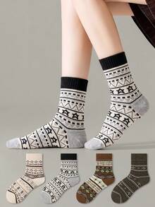 ZUJO 4 Pasang Kaos Kaki Wanita Setengah Betis, Motif Fair Isle, Cocok untuk Pemakaian Sehari-hari Musim Gugur/Musim Dingin, Sederhana dan Nyaman, Warna Acak - MultiWarna - View 3