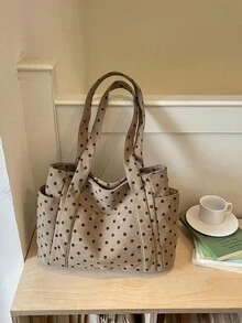 2026新款波點大容量女款單肩包，百搭通勤尼龍布料手提包，休閒腋下托特包 - 卡其色 - 查看 1