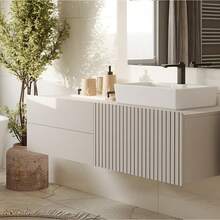 Space Saving Floating Wall Bathroom Vanity 140*53*37.5cm, Handleless Narrow Bathroom Storage Cabinet With Fluted Door & 2 Drawers, Damp Resistant Wall Mount Bathroom Unit Oak Light Gray For Apartment Small Washroom - Multicolor - View 9