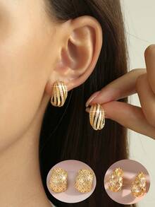 3pairs/2pairs/1pair Luxury Textured Micro Paved Cubic Zirconia Earring Sets, Versatile Gold Plated Copper Jewelry For Bridal Wedding Daily Banquet - Gold - View 2