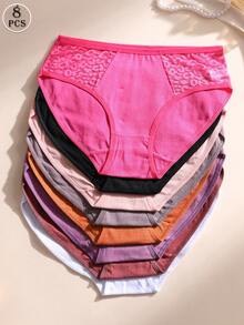 8 pièces/paquet Culottes en dentelle sexy pour femmes, culottes basses sans couture en coton, douces, respirantes et confortables, convenant pour le yoga, les sports et le port quotidien - Multicolore - Voir 2