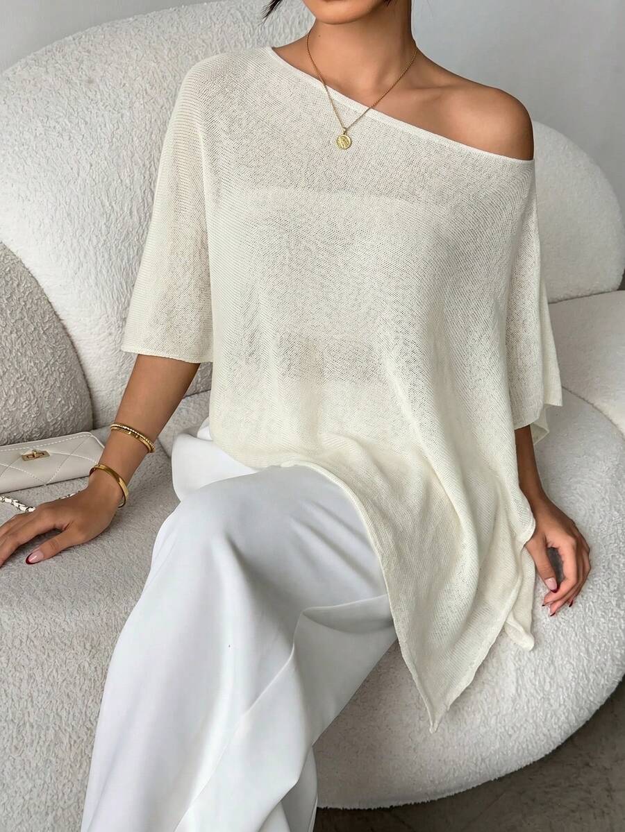 Jennie Growth Women's White Transparent Knit Cape Top, Off-Shoulder Asymmetrical Hem Lightweight Shawl Loose Cover-Up Casual Pullover, Suitable For Spring/Summer Streetwear, Brunch, Coffee Date, Beach Vacation, Swim Cover-Up, Weekend Getaway, Office Wear, Concert, Holiday Party, Shopping, Lounging At Home - Off White - View 1