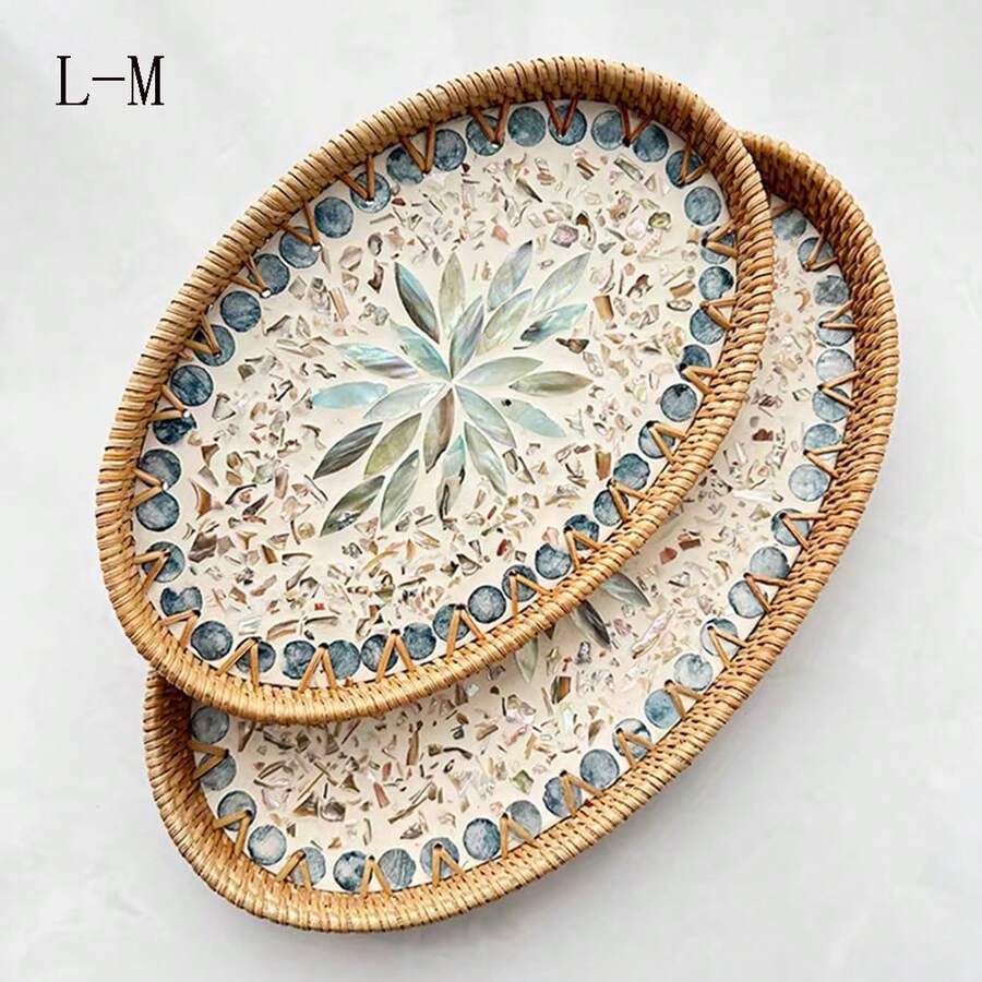1 pieza Bandeja de frutas de estilo bohemio con conchas tejidas - Caja decorativa para almacenar joyas y té - Amarillo - Ver 1