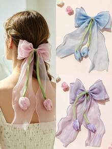 1pc Girl Tulip Fairy Bow Hair Clip Head Accessory, Fresh Floral Sweet Hair Ornament, Suitable For Daily Casual Wear - Multicolor - View 3