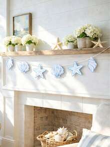 1pc Ocean Theme Party Decoration Banner Garland, Summer Beach Style Blue & White Shell Wall Banner, Nordic Style Ocean Theme Wall Decor, Seaside Vacation Home Decor Marine Life Ornament - Ocean Theme - View 11