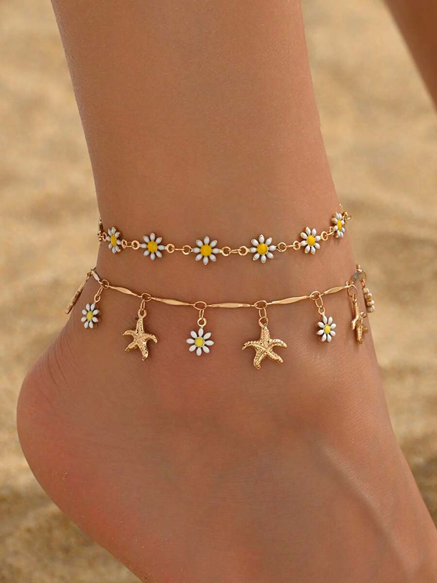 2pcs Summer Sweet Daisy Decor Anklet With Starfish Tassel Anklet, Fashionable Popular Girls Multi-Layer Stackable Foot Jewelry, Suitable For Daily Wear, Beach Vacation, Party And Date, Handmade Chain Cut By Length, Flower And Starfish Arrangement Order And Number Are Random - Multicolor - View 1