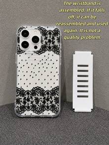 Funda de teléfono de TPU transparente y suave con protección anticaída en las cuatro esquinas, correa de muñeca hueca de silicona incorporada, patrón de lunares de encaje negro impreso con UV, compatible con iPhone 7/8/7PLUS/8PLUS/X/XS/XR/XSMAX/11/11PRO/11PROMAX/12/12PRO/12PROMAX/12MINI/13/13PRO/13PROMAX/13MINI/14/14PRO/14PROMAX/14PLUS/15/15PRO/15PROMAX/15PLUS/16PROMAX/17PROMAX - Multicolor - Ver 2