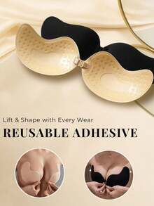 2pcs (Black + Khaki) Self-Adhesive Silicone Invisible Bra Pads, Strapless Backless Push-Up Cups With Soft Fabric Surface, Perfect For Weddings, Off-Shoulder Clothes And Bridesmaid Parties. - Multicolor - View 3