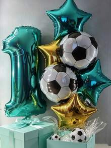 Mint Blue Number Balloon Set, Football Theme Birthday Balloon Combination, Suitable For Birthday, Anniversary, New Year Celebration, Wedding, Bachelor Party, Celebration Decoration Supplies, Foil Material - Mint Blue Number and Five-pointed Star Soccer Kit - View 4