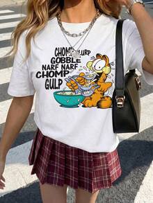 SHEIN | Garfield 女款復古美食愛好者卡通圖案寬鬆大號T恤，休閒基礎短袖上衣，適合女孩晚餐約會與週末休閒穿著 - 白色 - 查看 2