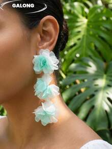 Bohemian Orange Mesh Flower Long Earrings, Vacation Style Lightweight Chiffon Ear Dangles, Unique Vintage Earrings - Blue and White - View 5