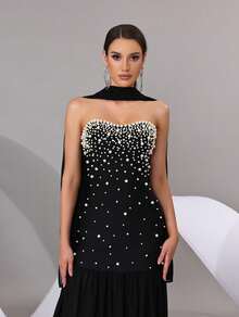 Black Strapless Pearl Decorated Evening Gown With Shawl, Suitable For Prom, Bridesmaid And Evening Party - Black - View 3