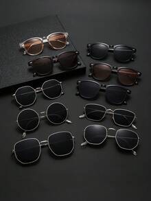 10pcs Classic Metal Geometric Frame Glasses, Black, Suitable For Men's Daily Wear, Back To School Season, Music Festivals, Vacation Outfits, Beach Accessories, Summer Beach Vacation, Outdoor Activities, Travel - 彩色 - 查看 13