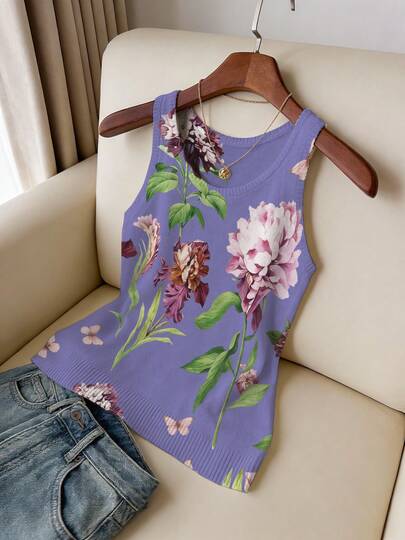 ASHKATIA Women's Round Neck Floral Knit Tank Top, Regular Length Casual Summer Knitwear, Bohemian Style, Non-Positioned Print