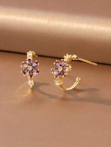 1 Pair Gentle Vintage Style Gold & Silver Dual-Tone Rhinestone Gradient Purple Crystal Flower C-Shaped Stud Earrings, Suitable For Women's Daily, Date And Commute Wear - Type C - View 11