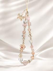 1pc Milk Tea Crystal Flower Phone Lanyard, Embossed Heart Mini Mushroom Wrist Strap - Multicolor - View 2