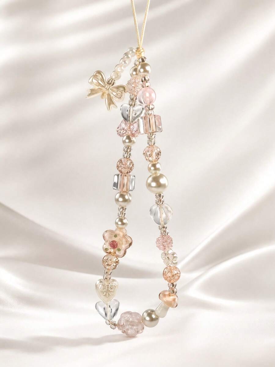 1pc Milk Tea Crystal Flower Phone Lanyard, Embossed Heart Mini Mushroom Wrist Strap