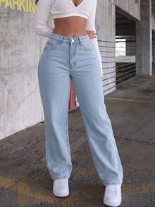 Daily Wear Straight Leg Denim Jeans, Loose Comfortable Design, Side Pockets Basic Style Women's Pants - Light Wash - View 4