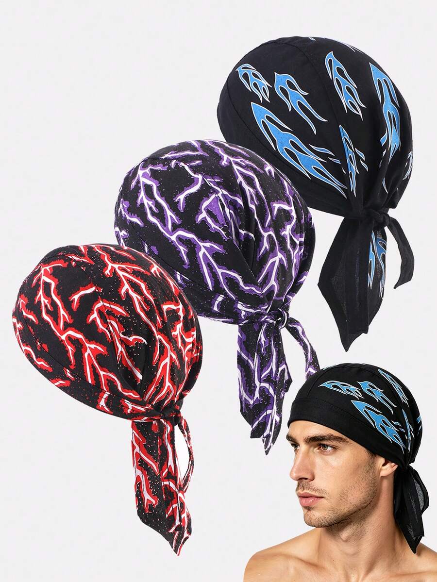 3pcs Men's Flame Pirate Bandana Headwrap Cycling Hat Suitable For Daily Use - Flame Blue/Lightning Purple/Lightning Red - View 1