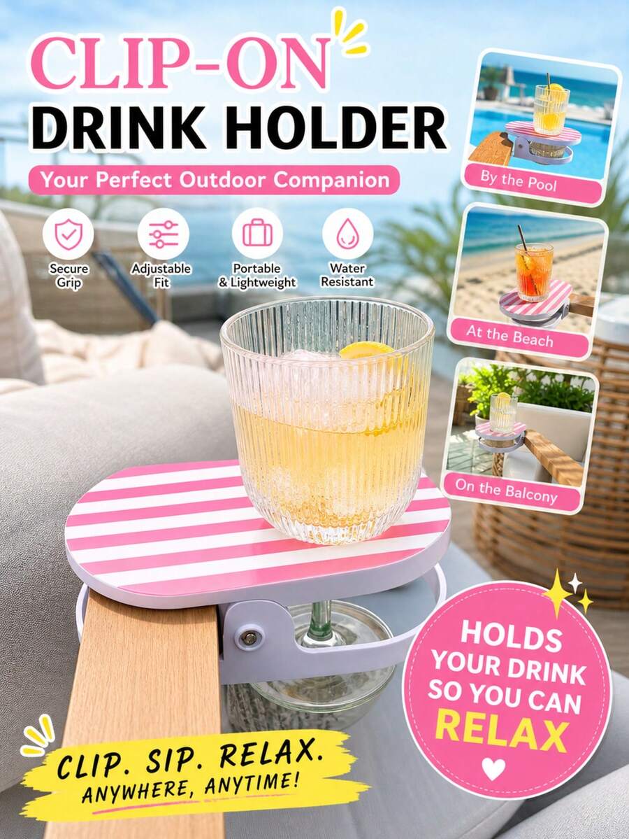 1pc Sturdy Plastic Clip-On Cup Holder, Cute Pink & White Striped Portable Cup Tray, Adjustable Buckle Securely Holds Water Bottles And Drinks, Outdoor Beverage Storage Accessory, Back To School Essential; Fits Pool, Beach, Balcony, Patio Furniture; Matches Soft Macaron Seaside Style, Minimalist Summer Casual Style, Sweet Girly Outdoor Style - Multicolor - View 1