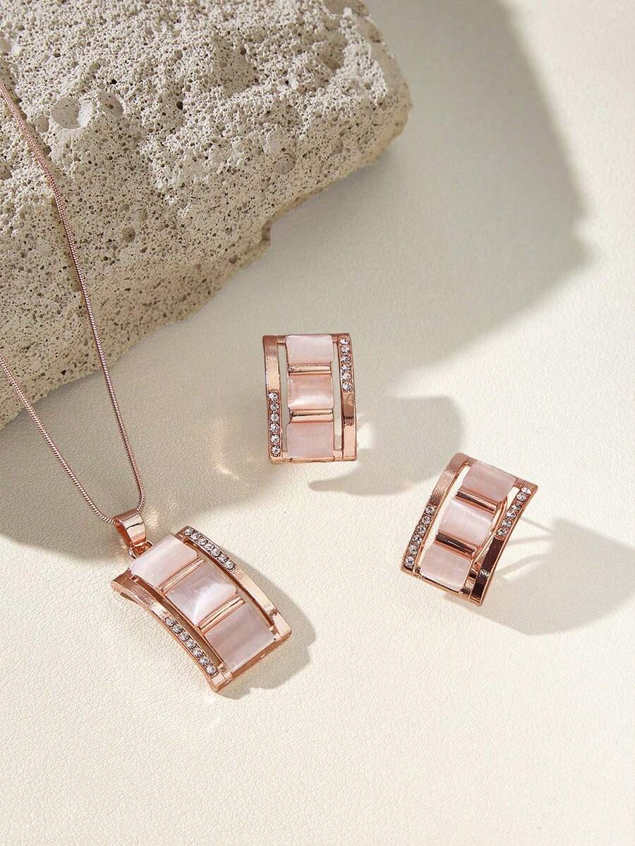 Opalesca 3pcs Rhinestone Decor Jewelry Set - Rose Gold - View 1