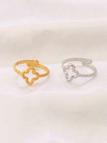 1pc Stainless Steel Rhinestones Four Leaf Clover Rings For Women Fashion Gold Color Open Finger Ring Vintage Jewelry - Ring - View 4