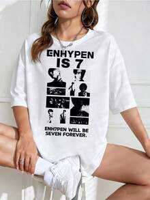 ENHYPEN "IS 7" Schwarz-Weißes Collage-Grafik-T-Shirt, K-Pop Boy Band Forever Design Oversized T-Shirt, Lässiges Weißes Fan-Top 2026 - Weiss - Übersicht 1