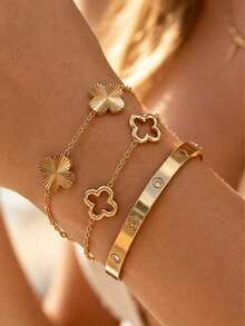 3pcs/1pc Fashion Clover Rhinestone Bracelet Set, Stainless Steel Premium Versatile Vintage Bracelet Set, Suitable For Women's Daily Wear, Holiday Gift, Waterproof And Fade-Resistant Jewelry Bracelet Combination - Gold - View 2