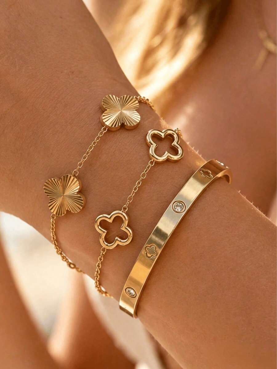 3pcs/1pc Fashion Clover Rhinestone Bracelet Set, Stainless Steel Premium Versatile Vintage Bracelet Set, Suitable For Women's Daily Wear, Holiday Gift, Waterproof And Fade-Resistant Jewelry Bracelet Combination