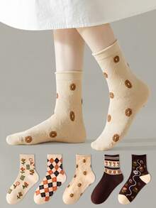 ZUJO 4 Pairs Women's Mid-Calf Socks In Maillard Color Palette, Floral Pattern, Soft And Breathable, Suitable For Spring, Autumn, Winter Daily Wear - Multicolor - View 4